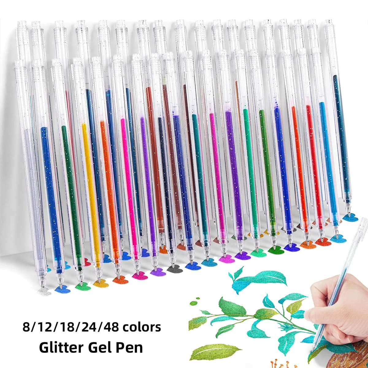 Glitter Gel Pens 1.0mm Metallic Sparkle Set - 8/12/18/24/48 Colors for Coloring Calligraphy Cards Journal Drawing Colorful Pens