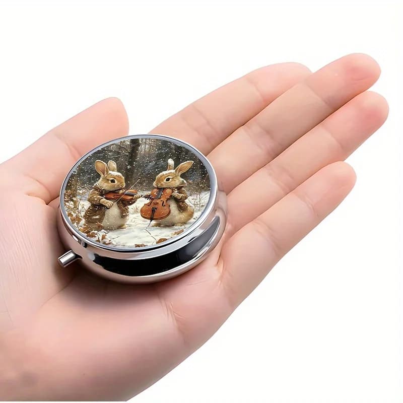1pc Winter Wonderland Pill Box with 3 Compartments - Cute Rabbits Playing Violin in Snowy Forest Design, Metal Food-Safe Mini Pill Organizer, Travel-Friendly Solid Container, Unique Gift for Women & Men, Mini Pill Box, Whimsical Design, Polished Finish