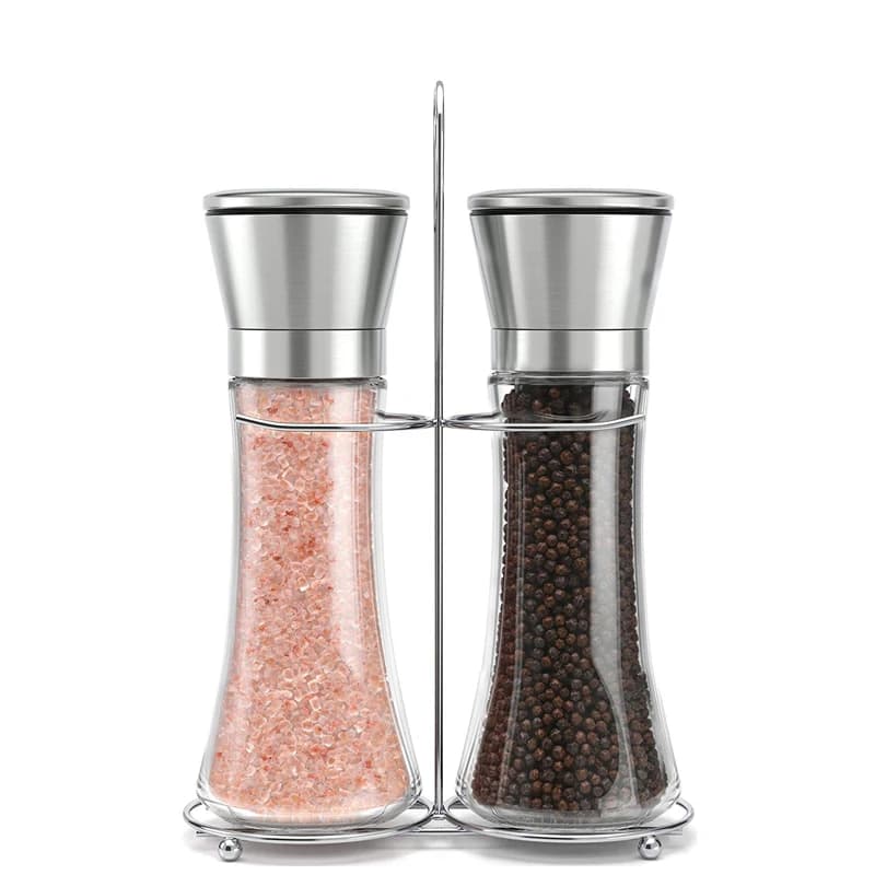 LMETJMA Saliera e pepe Set con supporto Macina sale e pepe in acciaio inossidabile Set macinapepe manuale per spezie KC0223
