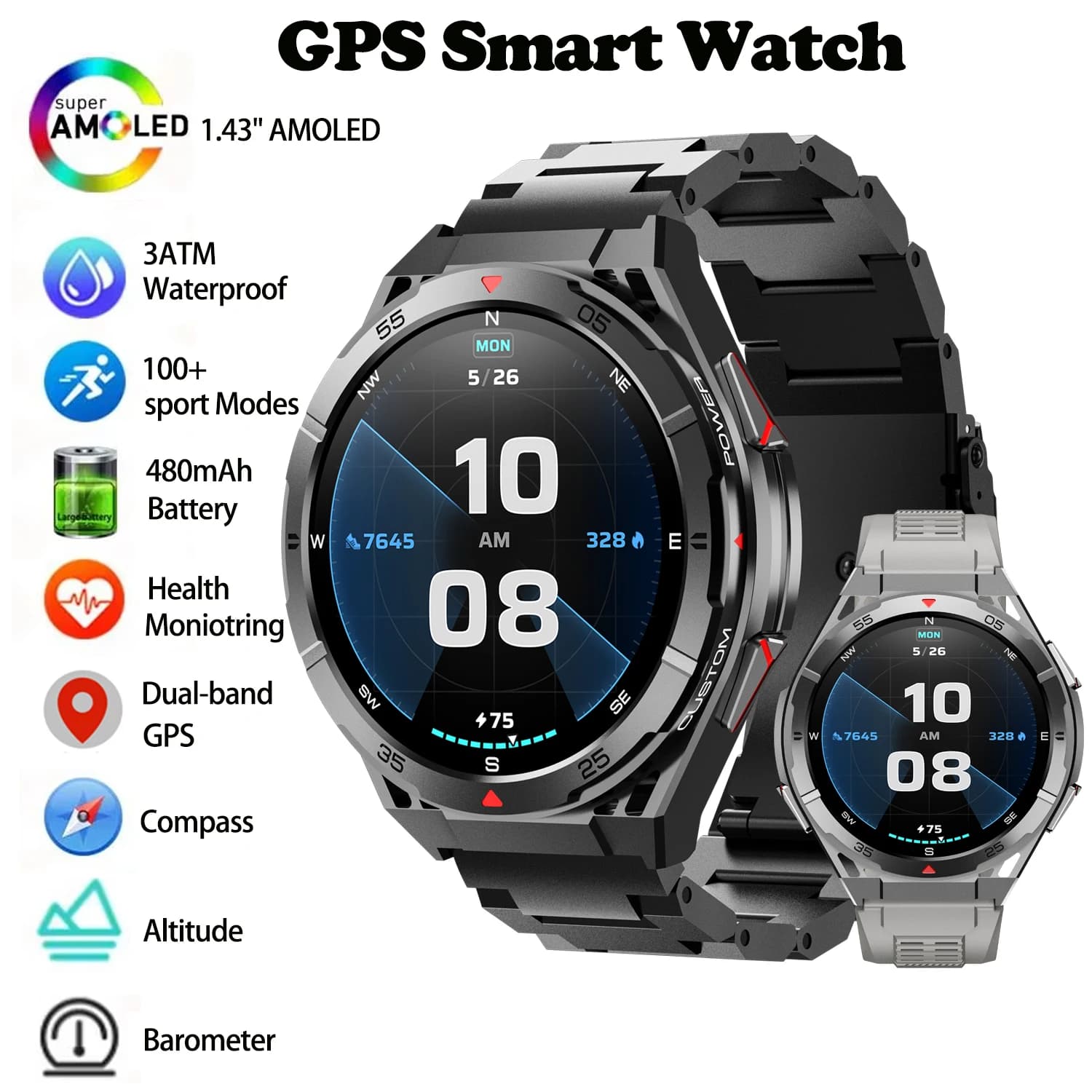 Smartwatch X2B with GPS, Bluetooth Calls, AI Vocal Assistant, Health Monitoring, Fitness Tracker, 3ATM Waterproof, Intelligent Sports Watch