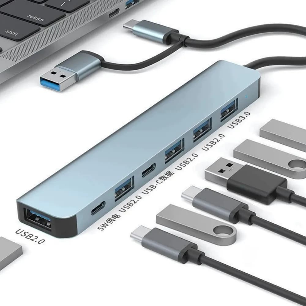 Hub USB Type-C 8/7/5 in 1 con USB 3.0, 2.0, lettore di schede SD e TF, splitter, concentratore, docking station USB, adattatore per PC desktop.