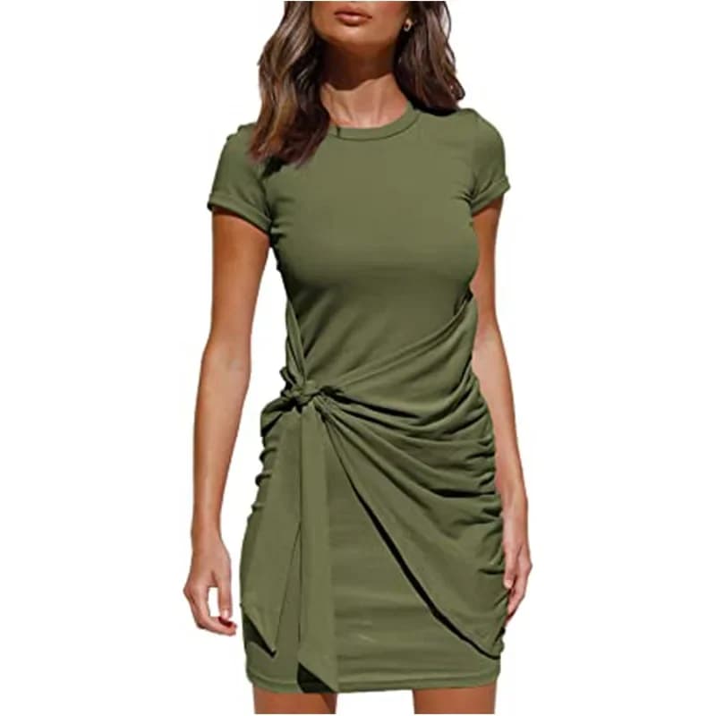 Dress with irregular volant with bow belt, short sleeves, round neck, summer, novelty, 2024