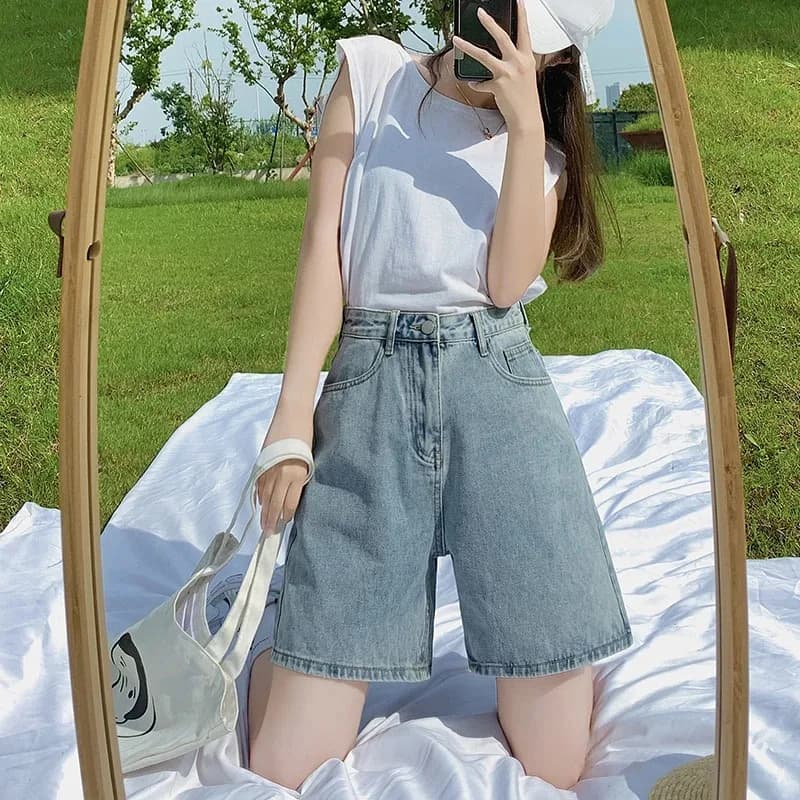 Harajuku Street Loose Women's Five Point Jeans Summer Fashion New Versatile High Waist Knee Length Shorts Y2K Retro Baggy Jeans