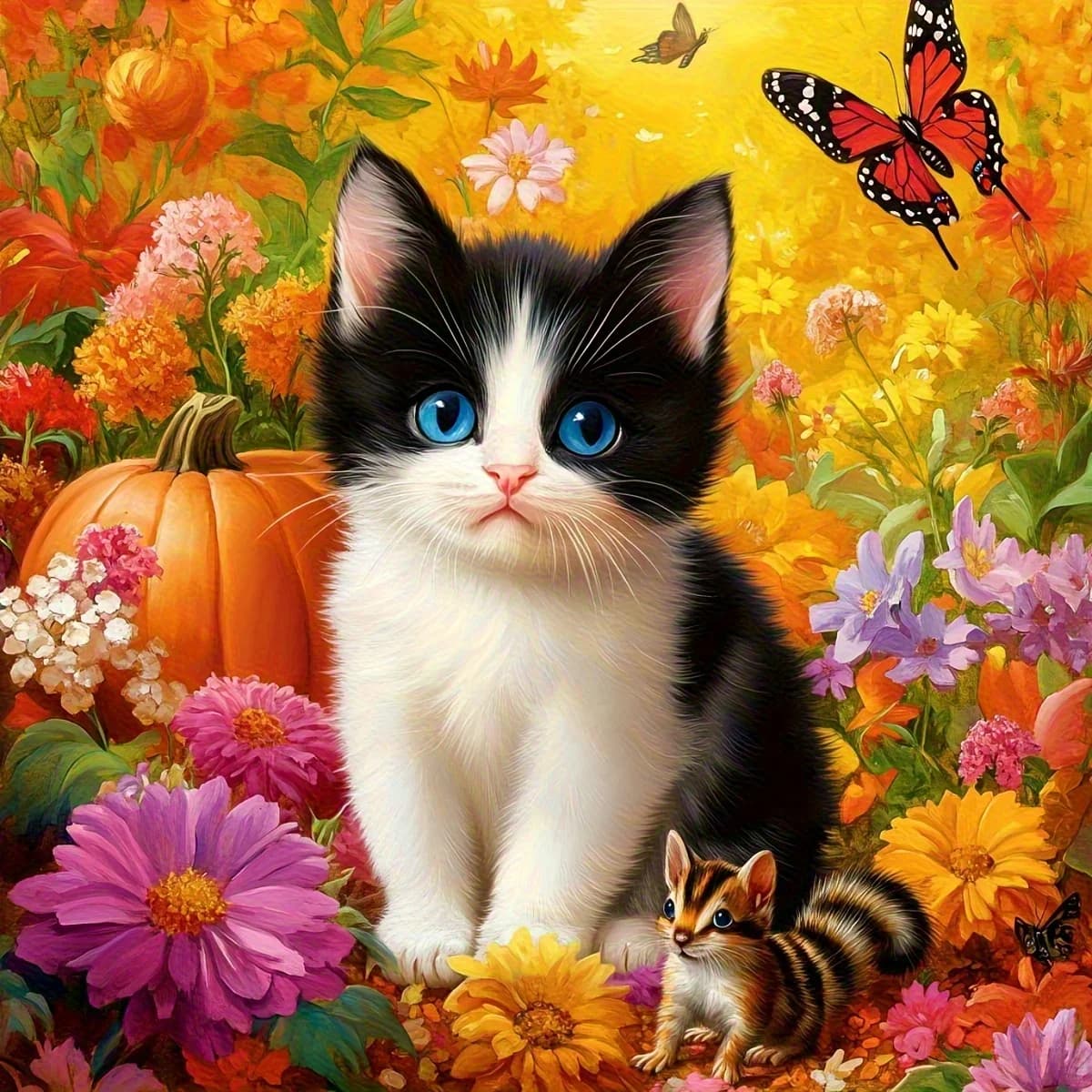 Cute Black White Kitty with Pumpkin and Butterflies Diamond Painting Home Living Room Bedroom Bar Aesthetic Decoration Gift