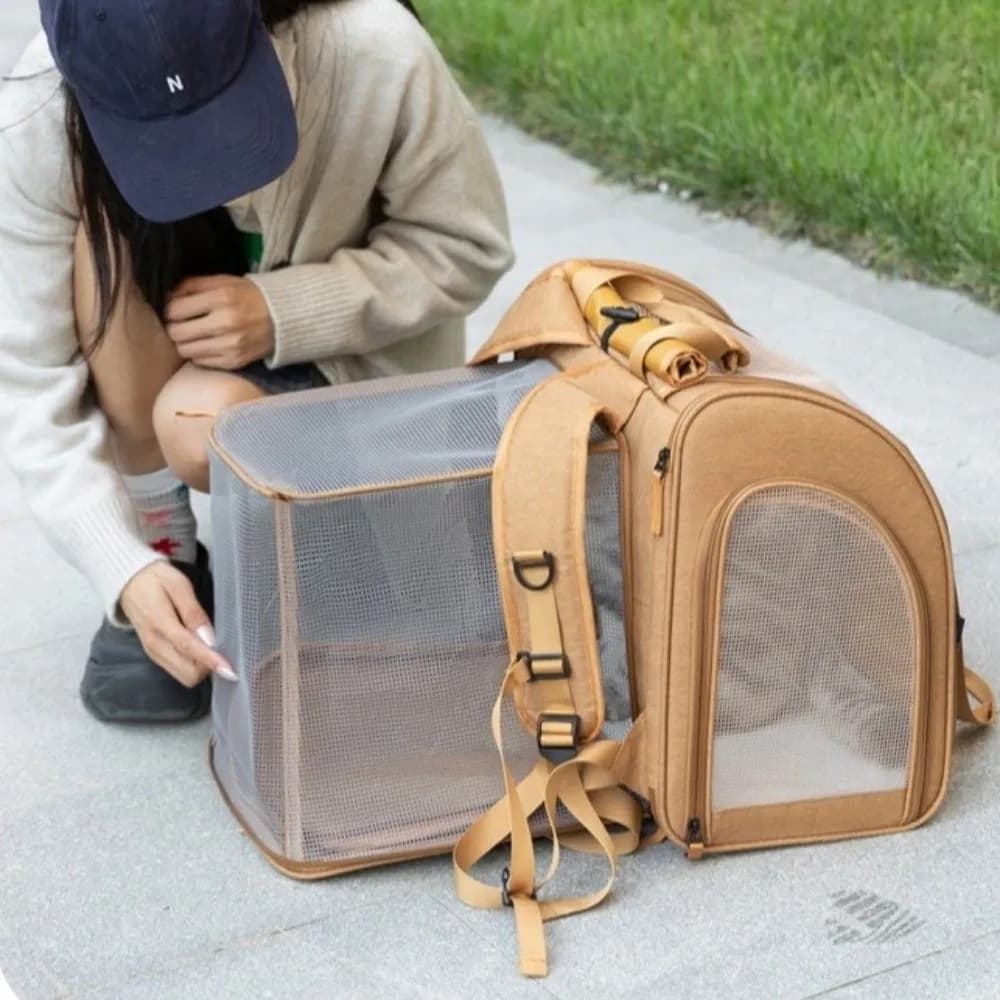 Expandable Pet Carrier Bag Foldable Large-Capacity Cat Carrier Backpack with Shade Cover Breathable Mesh Expandable Pet Carrier