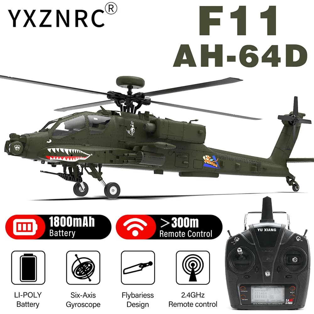 YXZNRC F11 AH-64D elicottero Apache RC con giroscopio a 6 assi 2.4G 6CH motore Brushless 1:32 scala Flybarless 3D RC modello di elicottero