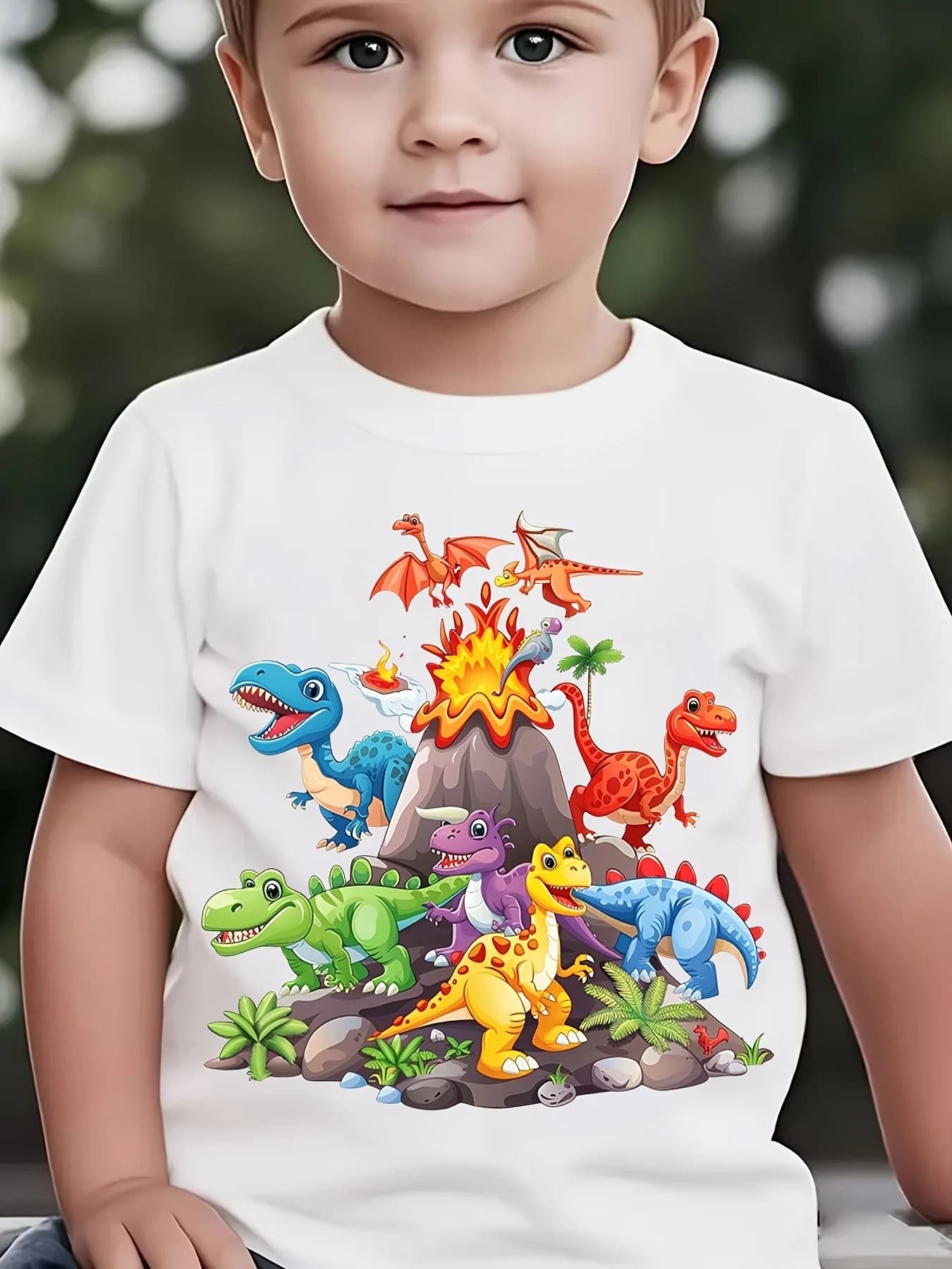 Boys' Summer Dinosaur Cartoon T-Shirt - Vibrant Volcano & Jungle Scene, Short Sleeve Round Neck Casual Top, Lightweight Regular Fit for Outdoor Play, Dinosaur Clothes
