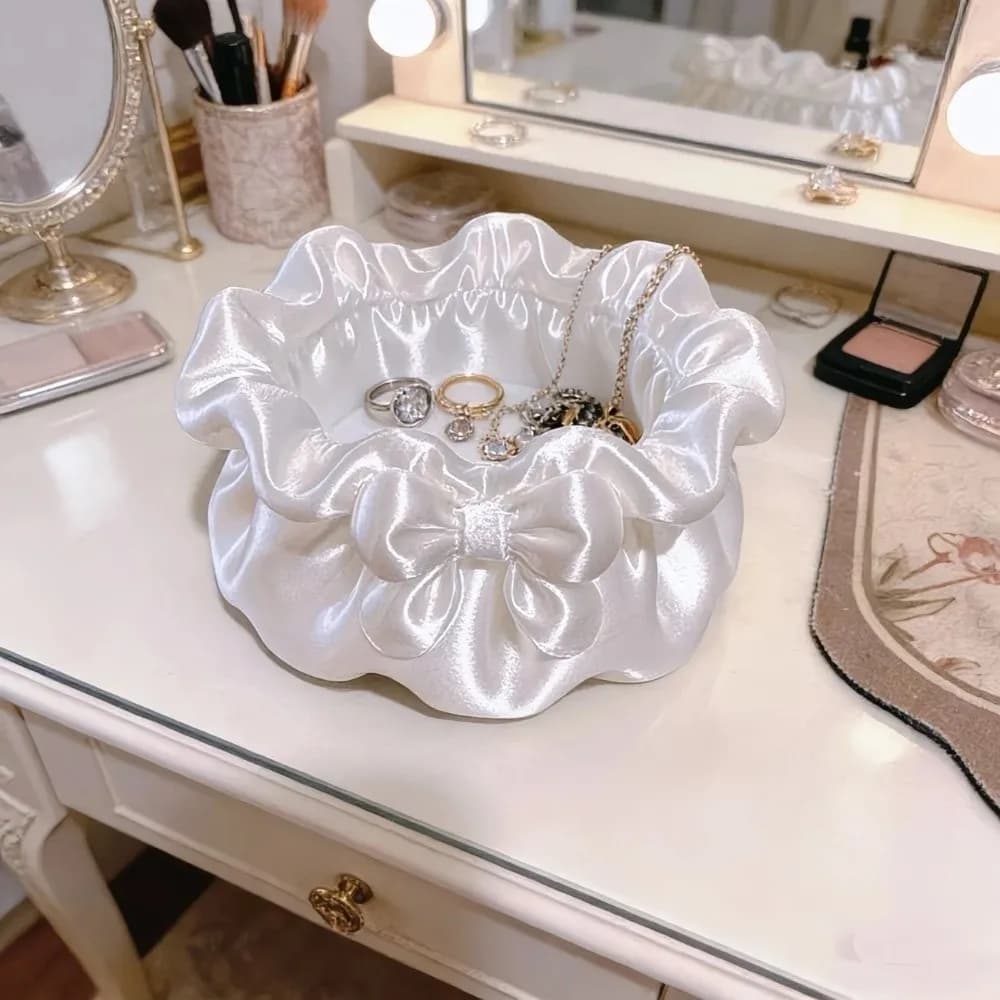 3D-Printed Petal Bow Storage Box Satin Ruffled Ornaments Desktop Storage Box Multi-Function Elegant Jewelry Storage Case
