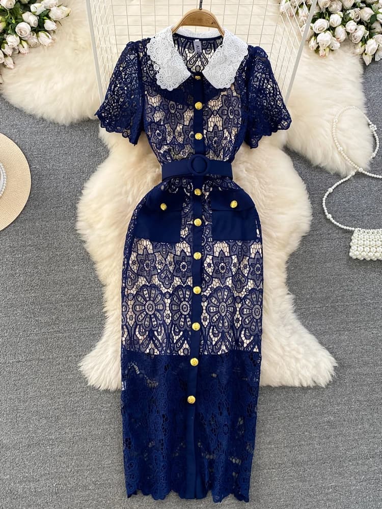 Abito Elegante in Pizzo a Maniche Corte con Colletto a Bambola, Sottile, Scavato, Stile Coreano, a Vita Alta, Gonna a Trapezio, per il Lavoro