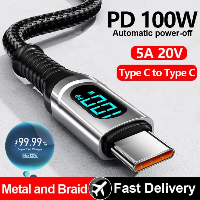 Cavo dati USB A-C con ricarica rapida 100W, display digitale, tecnologia PD, 5A 20V, chip E-Marker, per Samsung, iPhone 15, Huawei, Xiaomi