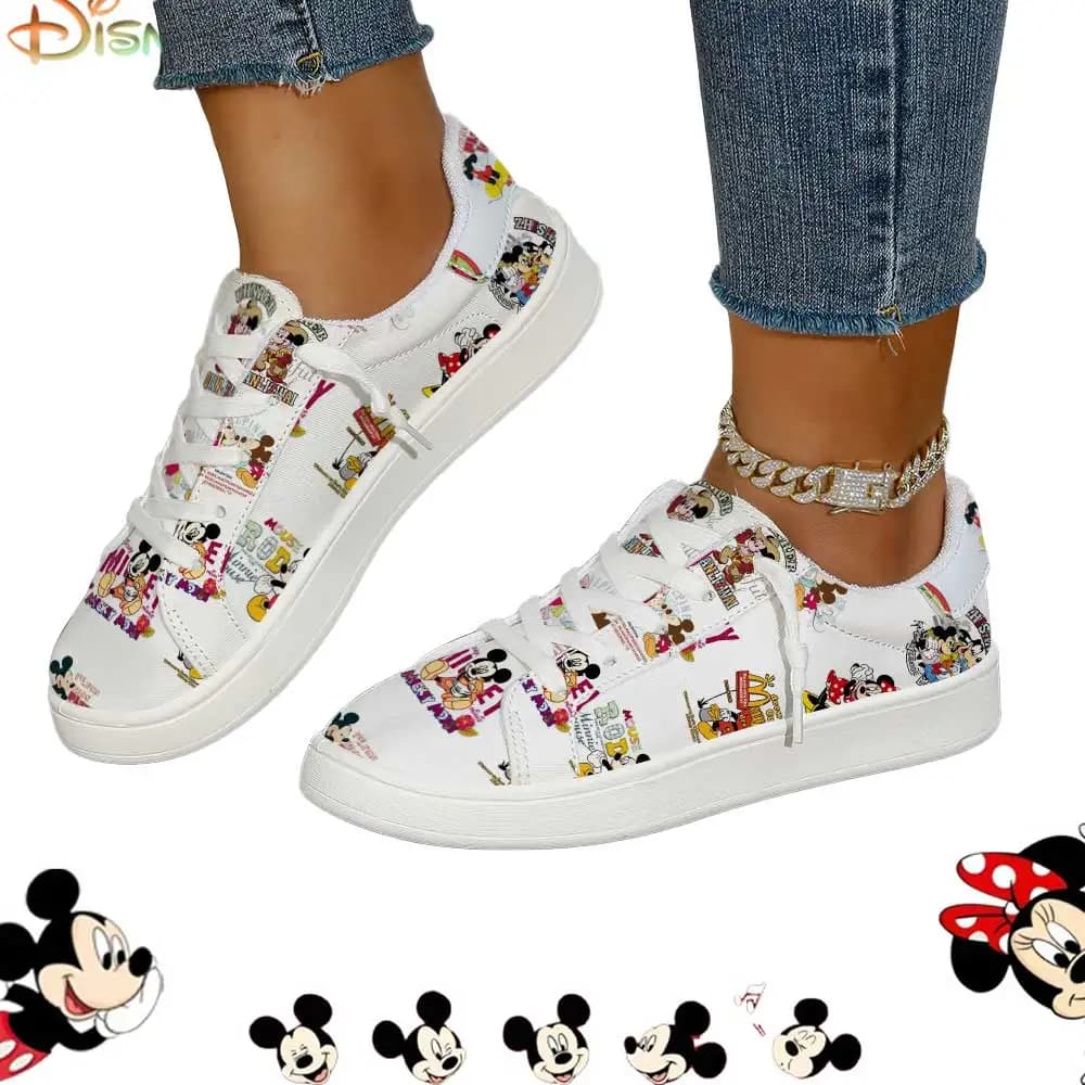 Sneakers basse in tela bianca con stampa poster vintage Disney Topolino per donna, scarpe casual
