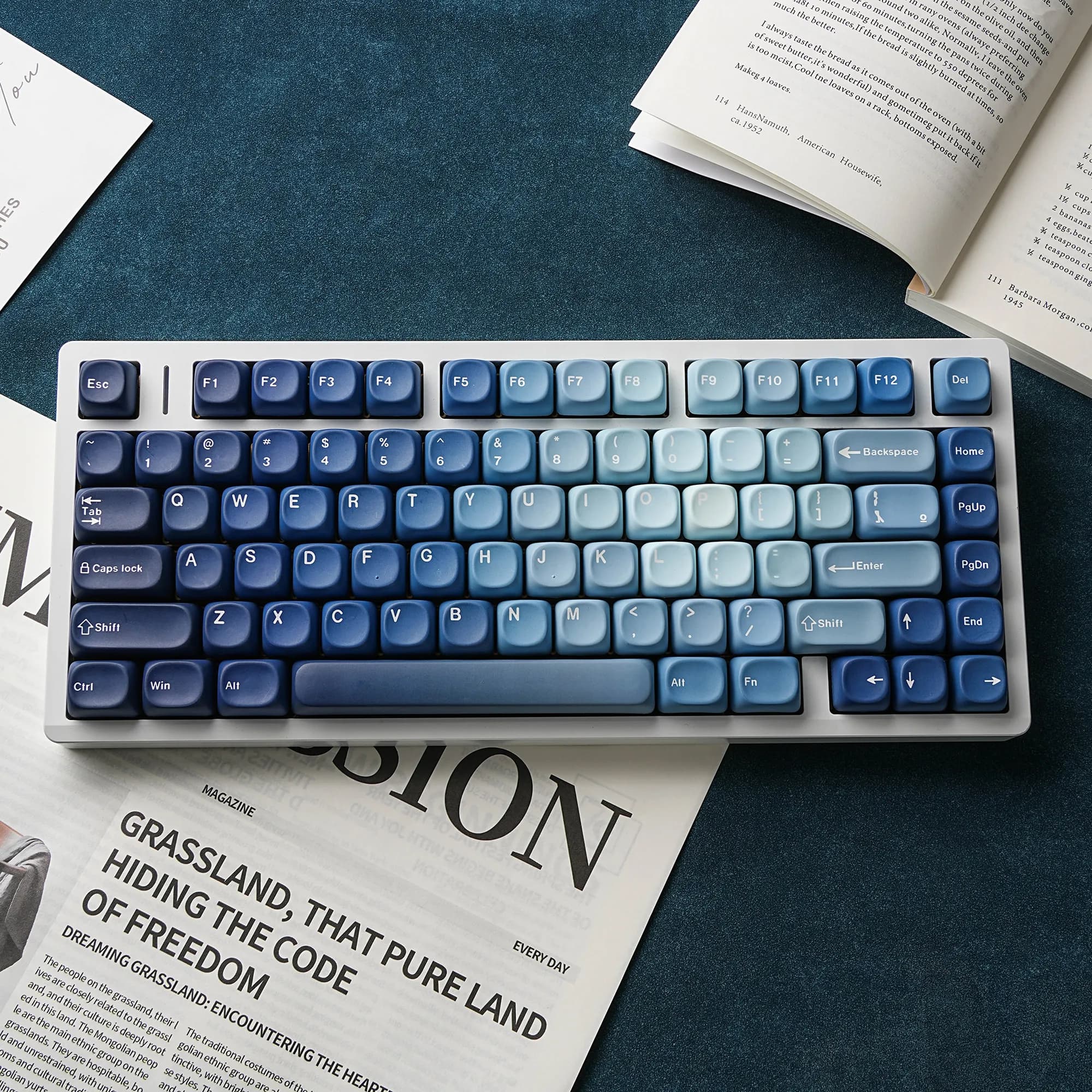 Keycaps Heart of the Ocean MOA in PBT con sublimazione blu sfumato, adatti per tastiere meccaniche, con testo fonetico coreano Cangjie.