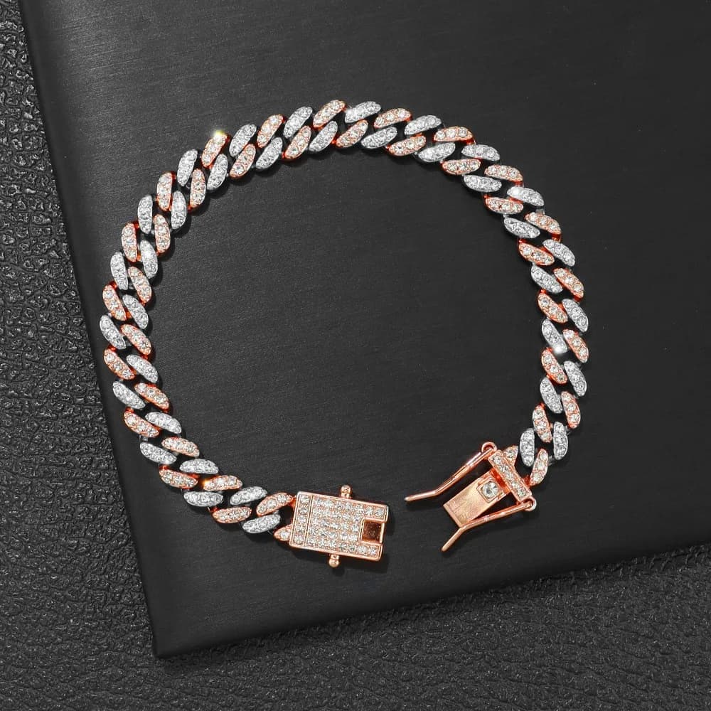 Bracciale a catena a maglie cubane Miami color oro rosa da 8 mm ghiacciato con strass bling cavigliera cubana gioielli uomo donna uomo Hip Hop