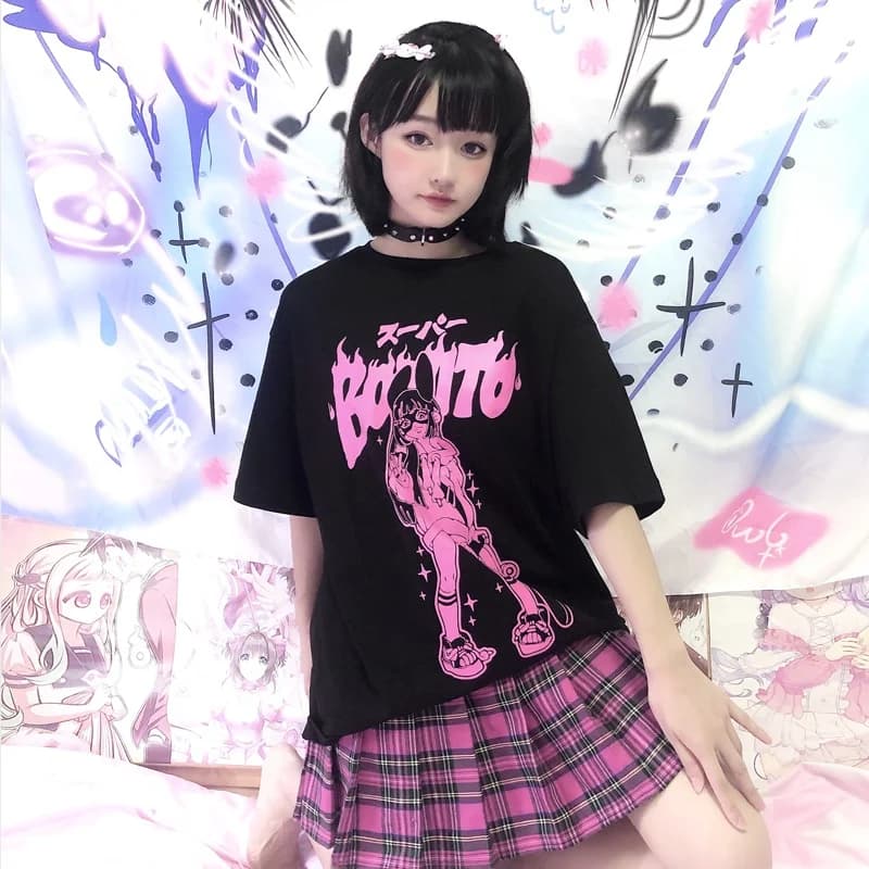 T-shirt Nera Stile Harajuku con Stampa Punk Dolce, Manica Corta Larga in Cotone per Giovani Donne, Moda Estiva