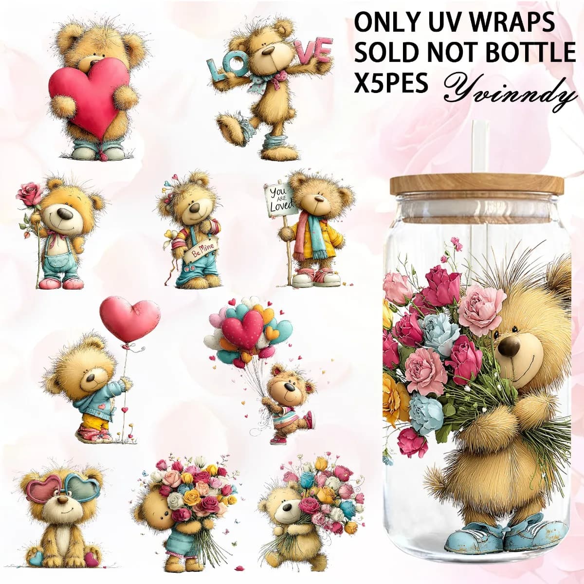 Involucri per tazze da 16 Oz, 5 fogli con motivi di orsetti d'amore per San Valentino, disegni casuali, carta transfer UV DTF impermeabile