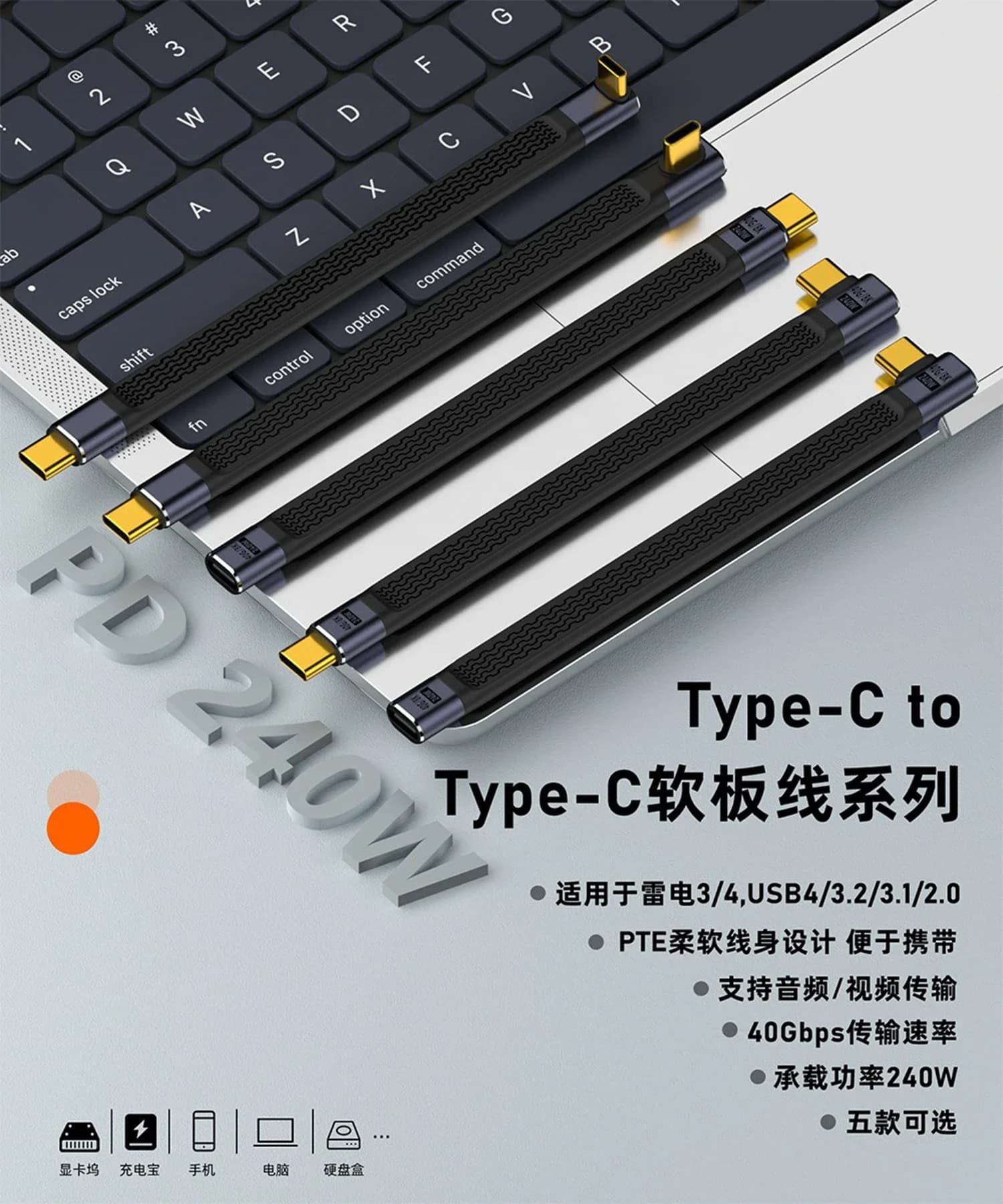 Cavo FPC USB 4.0 Gomito Gen3 40 Gbps PD 240 W 5A Cavo USB C a tipo C a ricarica rapida Cavo dati USB C Thunderbolt 3 8K @ 60Hz