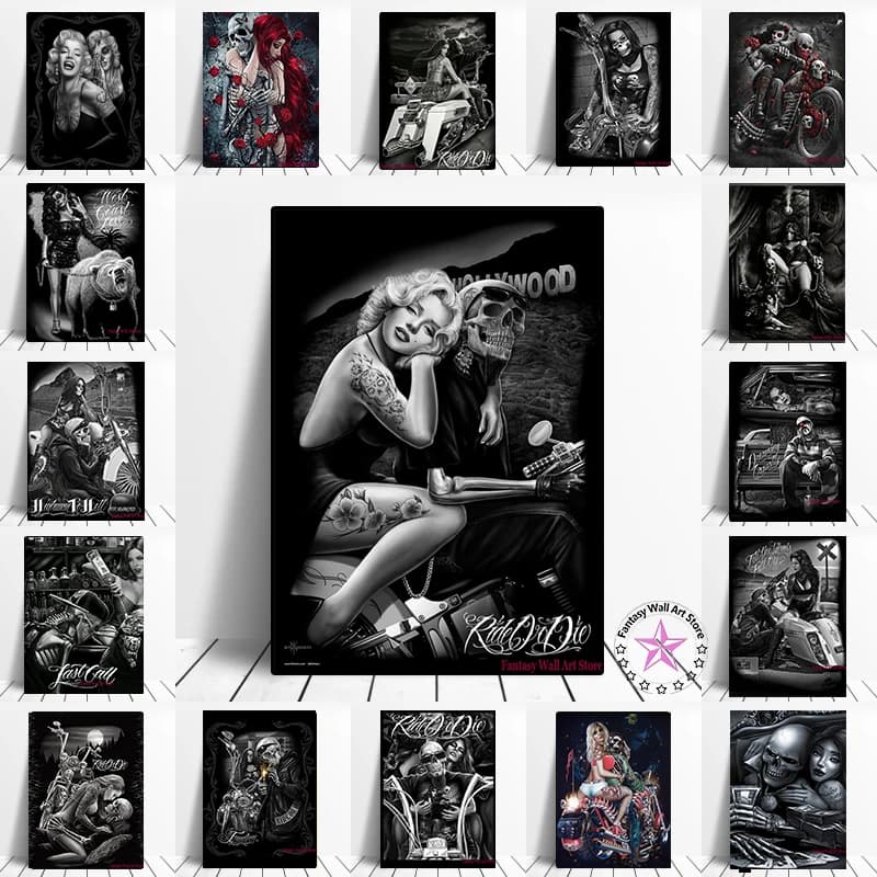 Graffiti Art Skull Knight Poster Sexy Nude Tattoos Girls Wall Art Canvas Painting Print Black White Punk Picture Room Home Decor