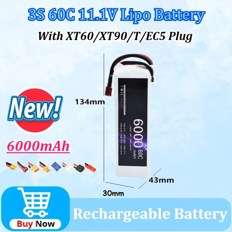 Nuova batteria Lipo 3S 60C 11.1V 6000mAh per Drone RC Auto Elicottero Quadcopter Serbatoio Barca Truggy Batteria con spina XT60/XT90/T/EC5
