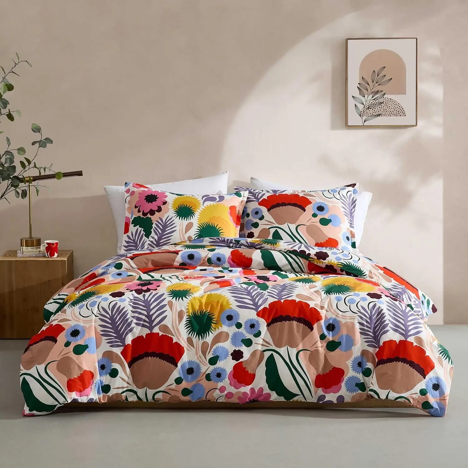 Set Copripiumino Reversibile in Cotone Percalle con Federe Coordinate, Decorazione Floreale per Letto Matrimoniale/Queen