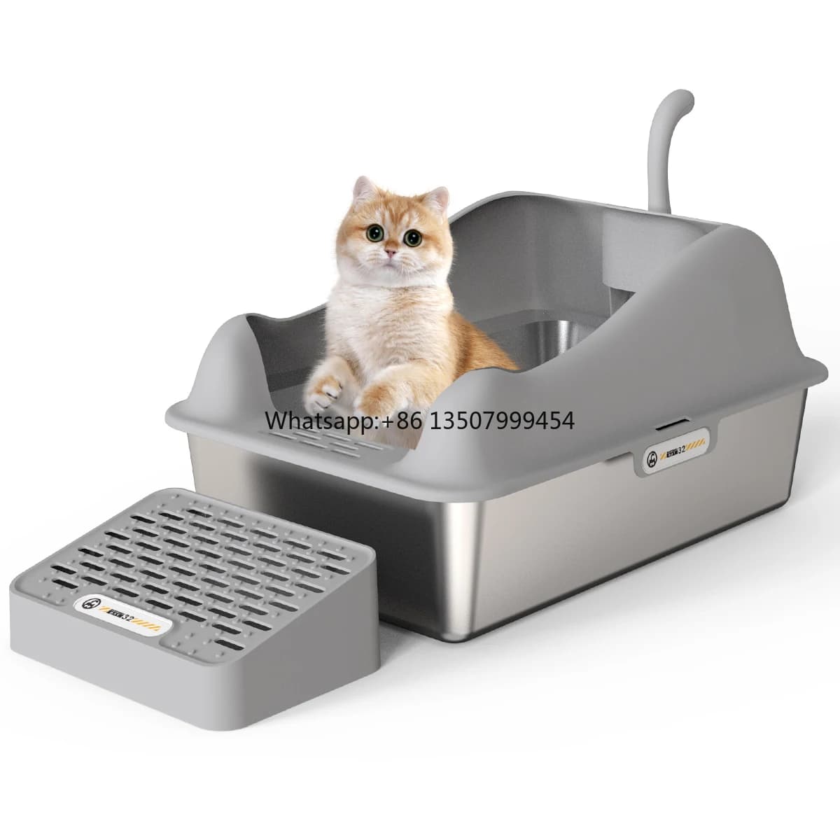 Lettiera per Gatti Extra Large in Acciaio Inossidabile con Coperchio Antiaderente a Bordi Alti per Gatti Grandi, 20L di Spazio Interno, Toilette per Gatti in Plastica
