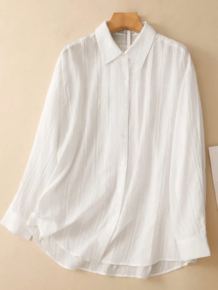 White Striped Long Sleeve Women's Shirt Summer High-End Sensation Micro-Light Sunscreen Texture Lazy Personality Open Cardiga...