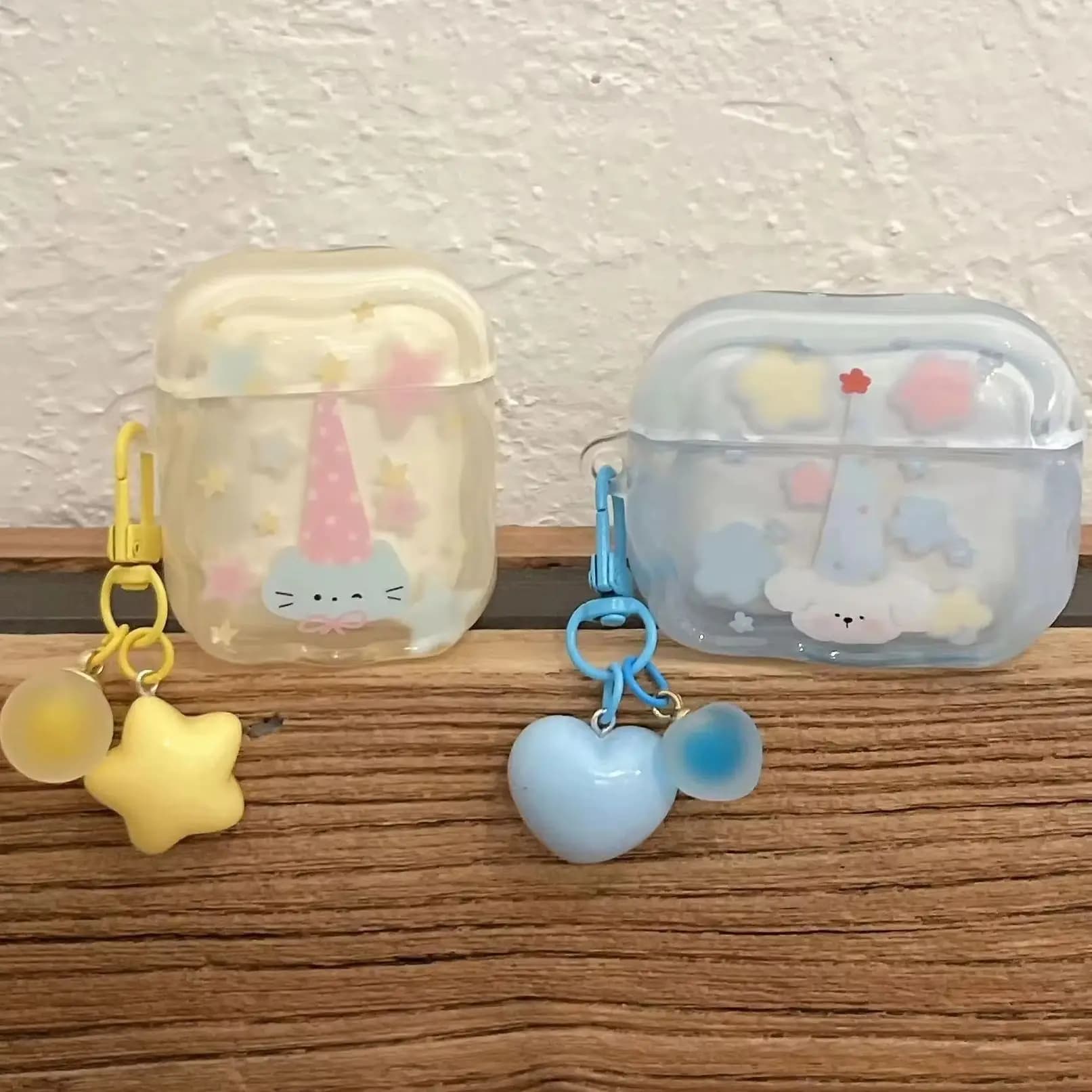 Cute Cat Puppy Colorful Star Flower Transparent Yellow Blue Earphone Cover Case For AirPods 1 2 3 4 Pro Pro2 Pro3 with Pendant