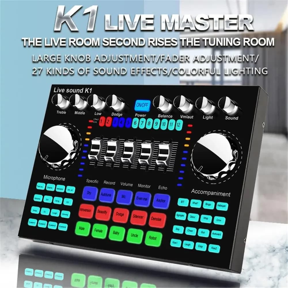 K1 Scheda audio live professionale Mixer audio Attrezzatura DJ Processori effetti scheda audio per musica Registratore karaoke Trasmissione in diretta