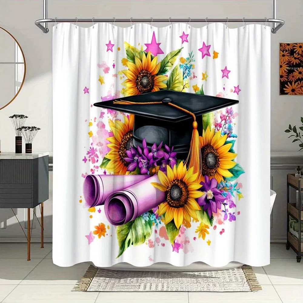 Cuffia da laurea e tenda da doccia girasole - Arte vivace a tema laurea, arredamento da bagno in poliestere