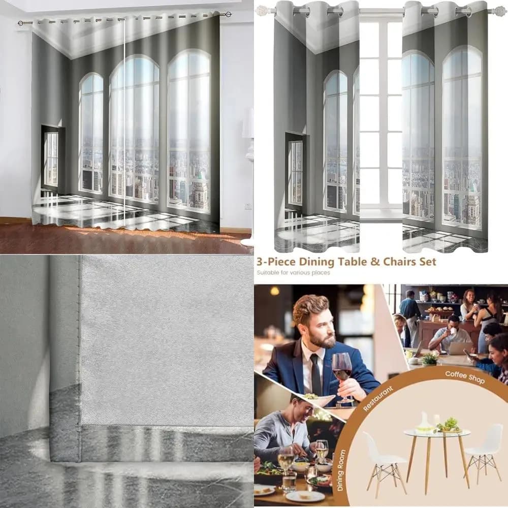 grey curtains with 2 panels with window and architectural scenario, width 96" x 108" height (244 cm x 274 cm)