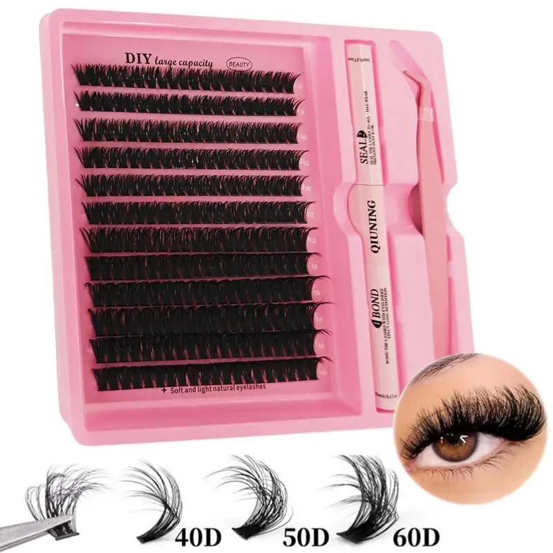 Kit di Ciglia a Ciuffetti Voluminosi e Folli, Ciglia Individuali con Adesivo e Sigillante, Pinzette, Ciglia in Visone per Extension Fai-da-Te