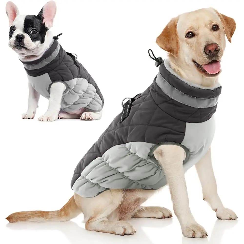 Cappotto Invernale Riflettente e Caldo per Cani con Imbracatura Integrata, Gilet Impermeabile per Cani di Piccola e Grande Taglia, Grigio, Taglia Grande
