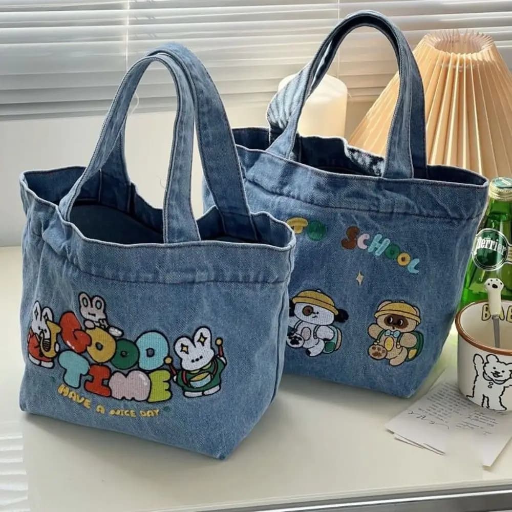 Borsa in Denim lavato alla moda borsa da pranzo portatile per studenti con motivo a cartone animato carino