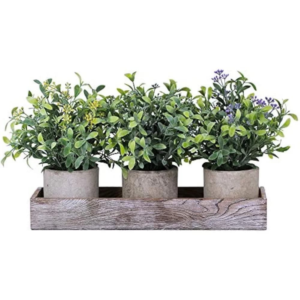 Set of 3 mini artificial pot plants, green casing composition with fake seeds, with wooden planter, for indoor office apartments