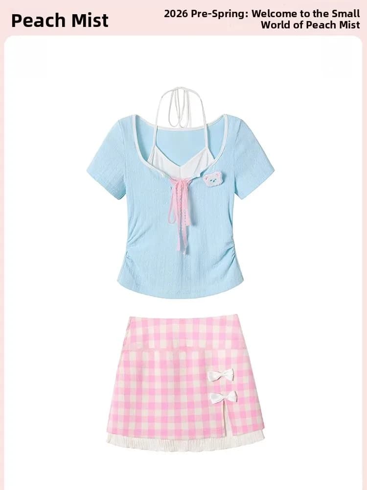Sweet Dopaamine Women's Summer Short Sleeve T-Shirt And Halter Neck Skirt Two-Piece Set Pastel Checkered Print Office Ca...
