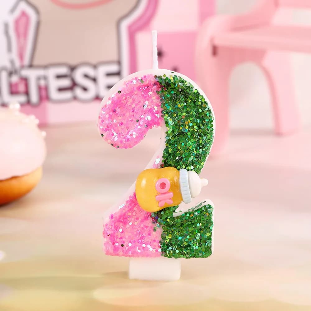 Cartoon Ok Baby Bottle Birthday Candle Pink And Green Patchwork Sequined Digital Candle Festival Party Dessert Cake Decoration
