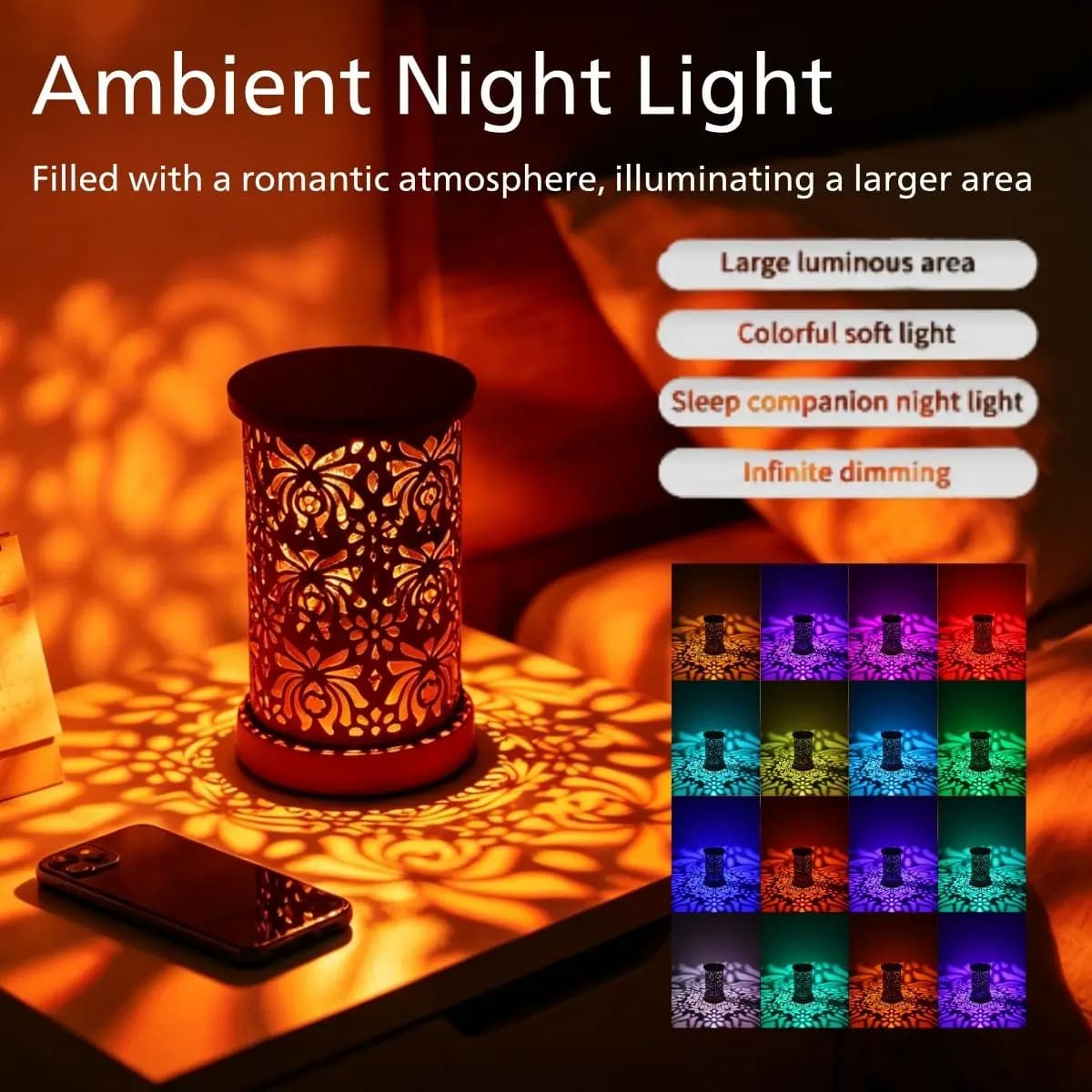Piccola lampada da scrivania cava con luce multicolore regolabile, lampada da comodino per camera da letto, camera dei bambini, camera degli ospiti.