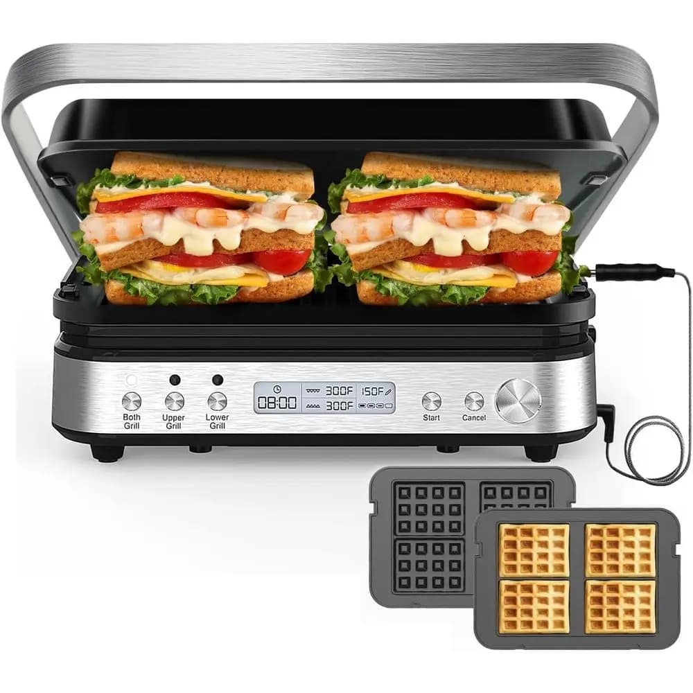 Panini PrGrill Sandwich Maker con Piastre Rimovibili, 1600W, Grill da Interno 6 in 1 con Termometro per Carne, Griglie Elettriche a Contatto