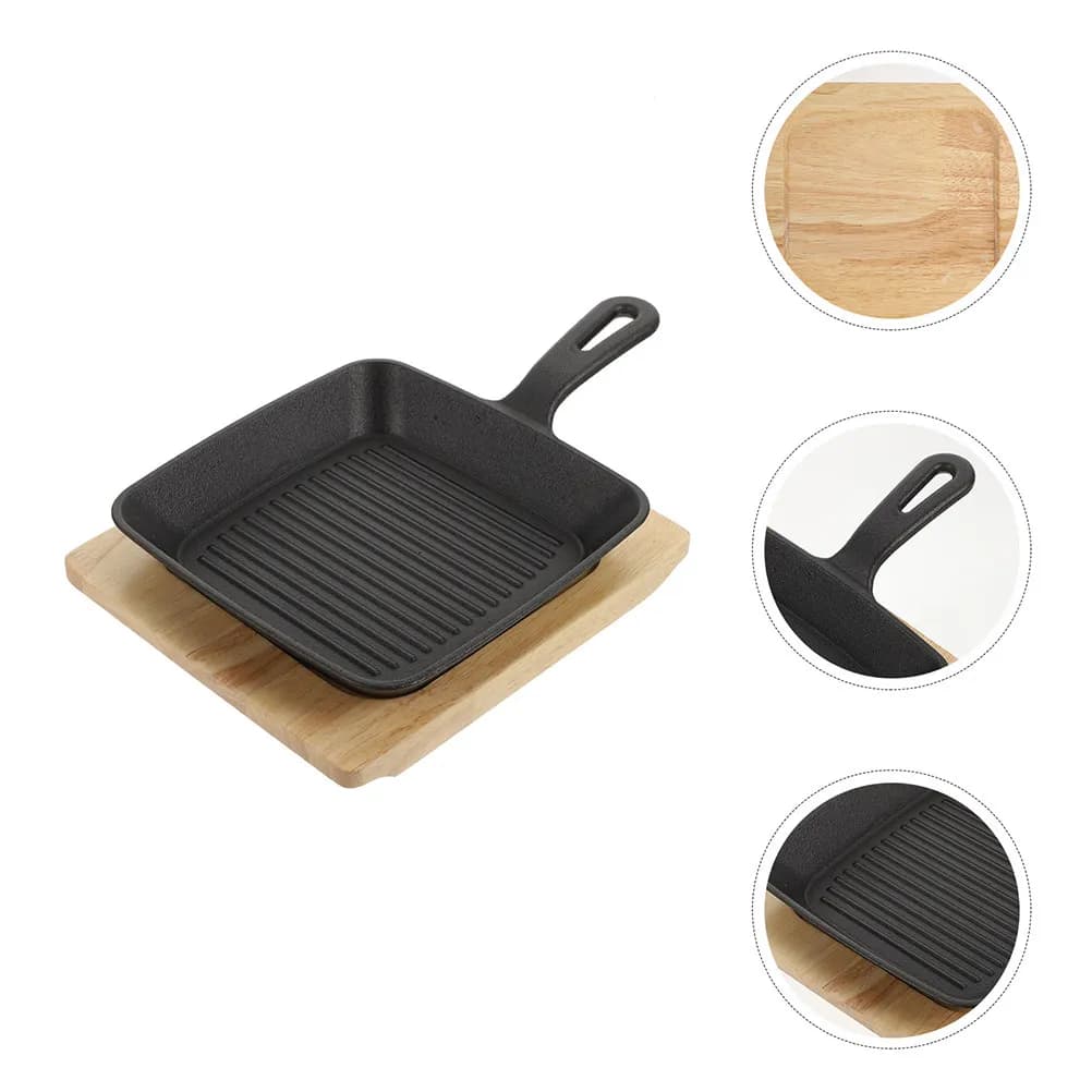 Set di 1 Padella Quadrata in Ghisa Antiaderente Nera con Manico in Legno per Pancake, Omelette, Sandwich, Utensili da Cucina