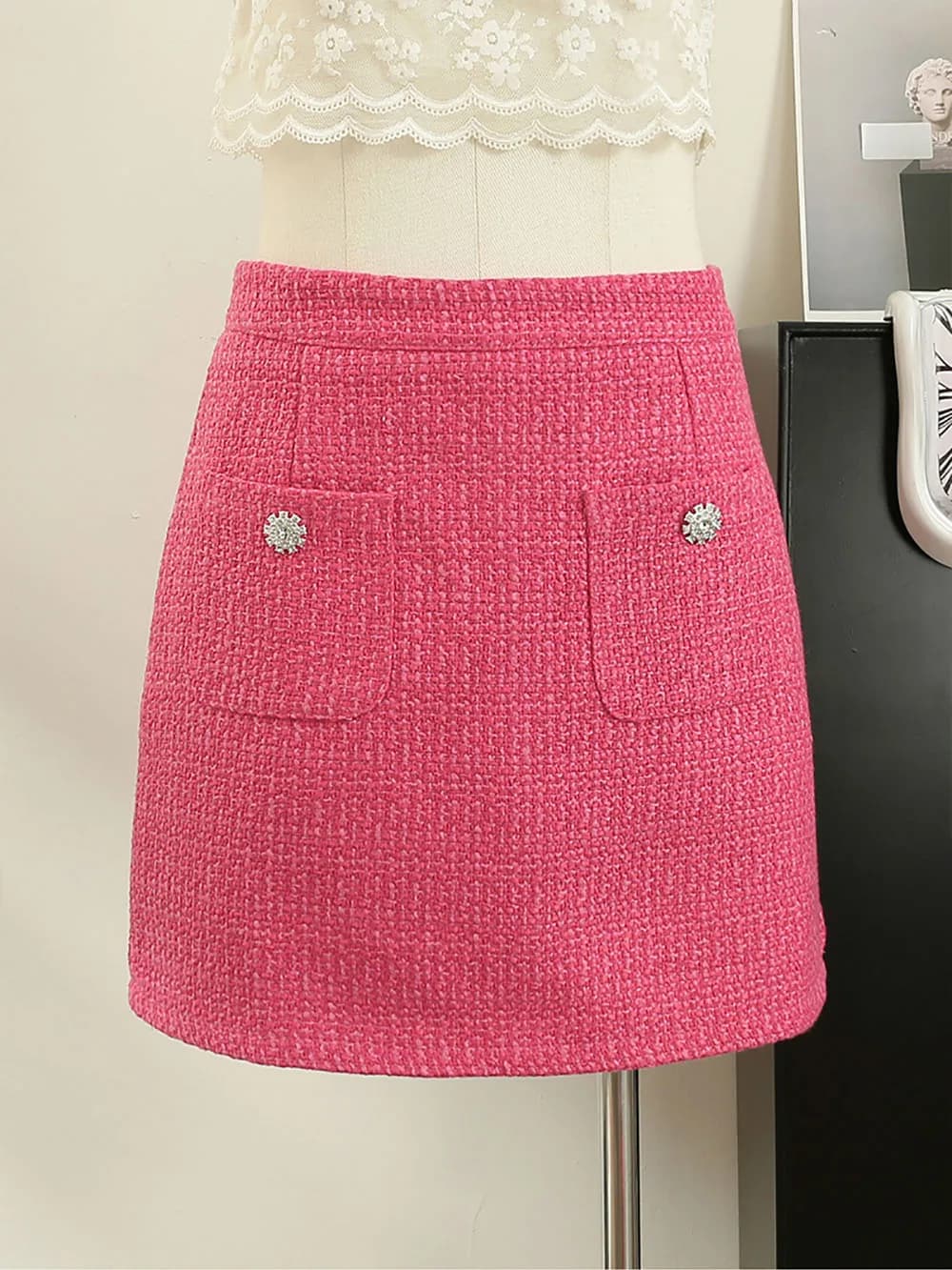 Gonne Autunno Inverno Stile Coreano in Tweed Rosa, Nuova Gonna Corta a Vita Alta a Trapezio Versatile per Donna 2026