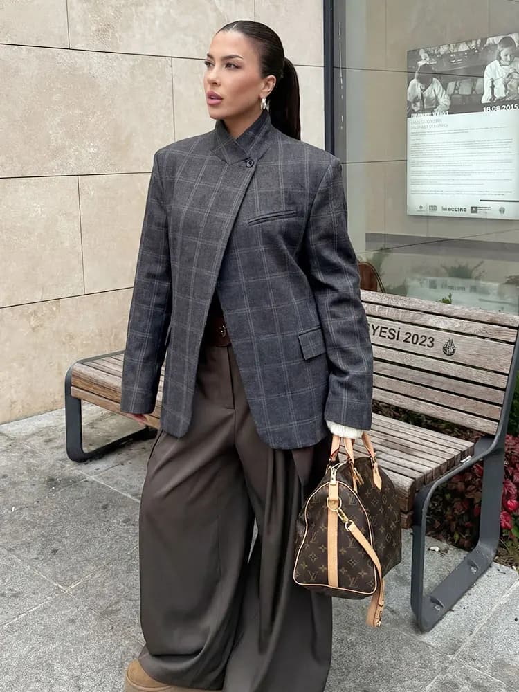HH 2026 Spring Plaid Blazer Jacket For Women Elegant Fashion Stand Collar Single Button Suit Coat High Street Lady Daily Outwear