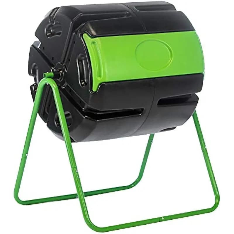 Rotating cylindrical compost bin with 37-gallon capacity made from UV-resistant recycled polyethylene in black and green finish