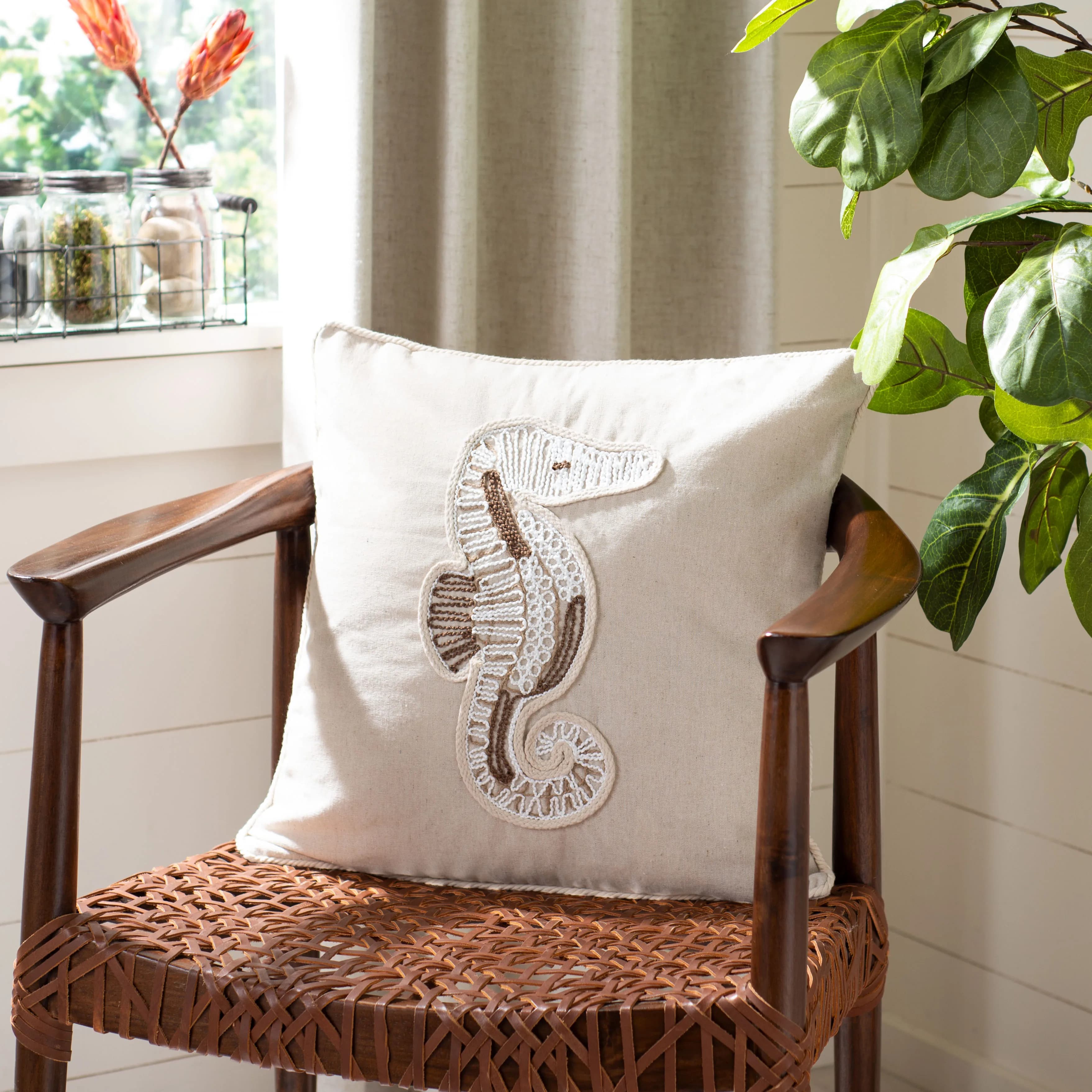 Seahorse coastal plush pillow 18 inches square natural texture