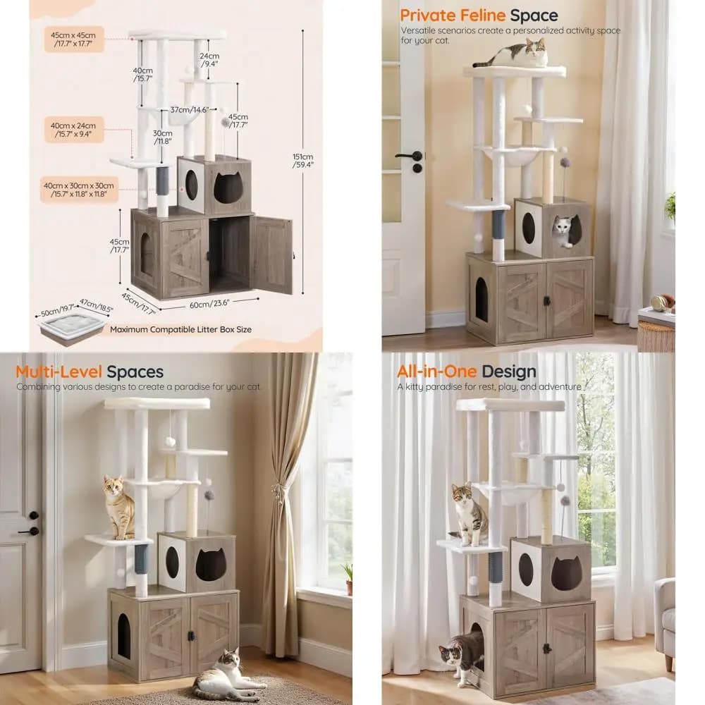 Albero per gatti da interno con lettiera nascosta, condominio moderno tutto in uno, pali in sisal, bianco e grego BG51MZ03