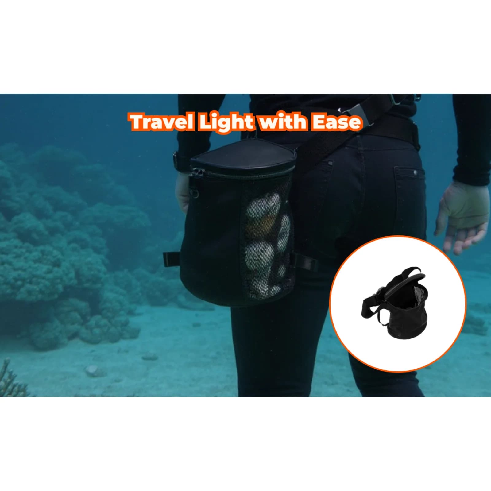 Underwater mesh bag for diving, glove case with quick release strap for snorkeling, water sports, swimming