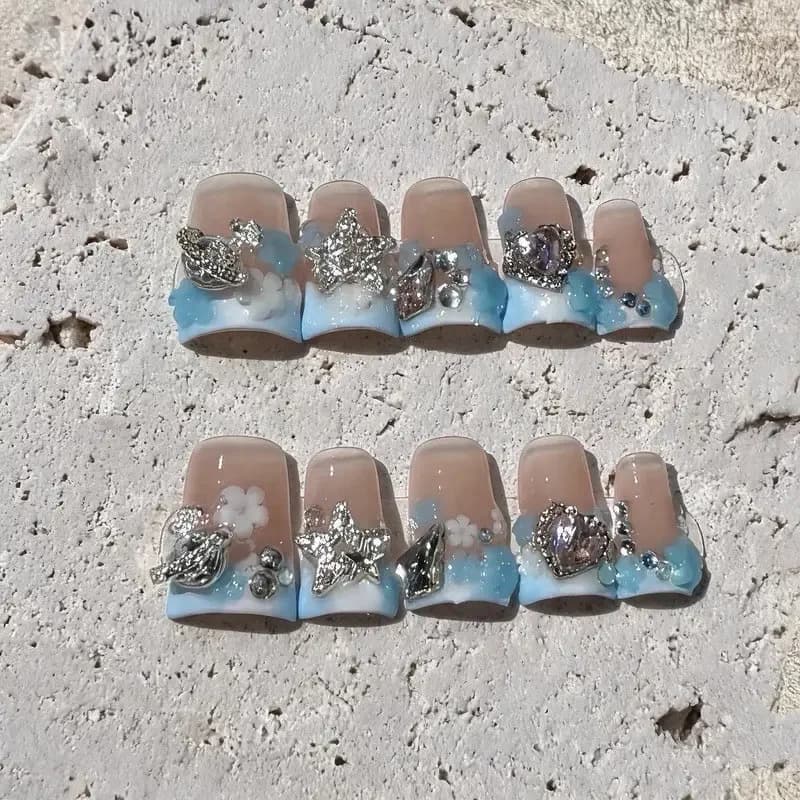Ocean Blue White French Nail Art Sparkling Luxury Duckbill Handmade Nails 3D Flowers Stars Love Planet Diamond Fake Nails