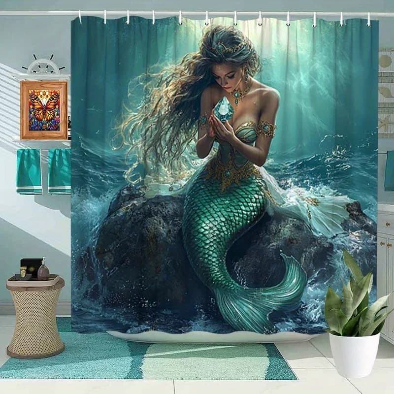 "Bella sirena nell'oceano Tenda da doccia – Arte fantasy subacquea Creatura marina Design Magico arredamento per il bagno Tessuto impermeabile