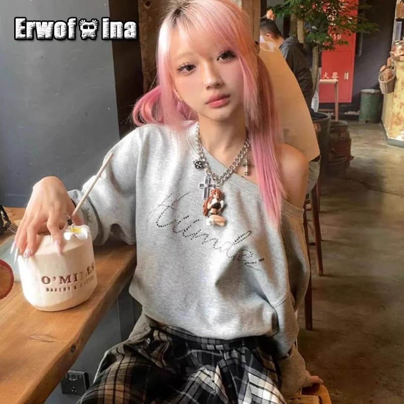 Erwofeina Streetwear Women's Sweatshirts Long Sleeve Print Korean Fashion Off Shoulder Pullovers Hoodie Grunge 2000s Clothes Y2k