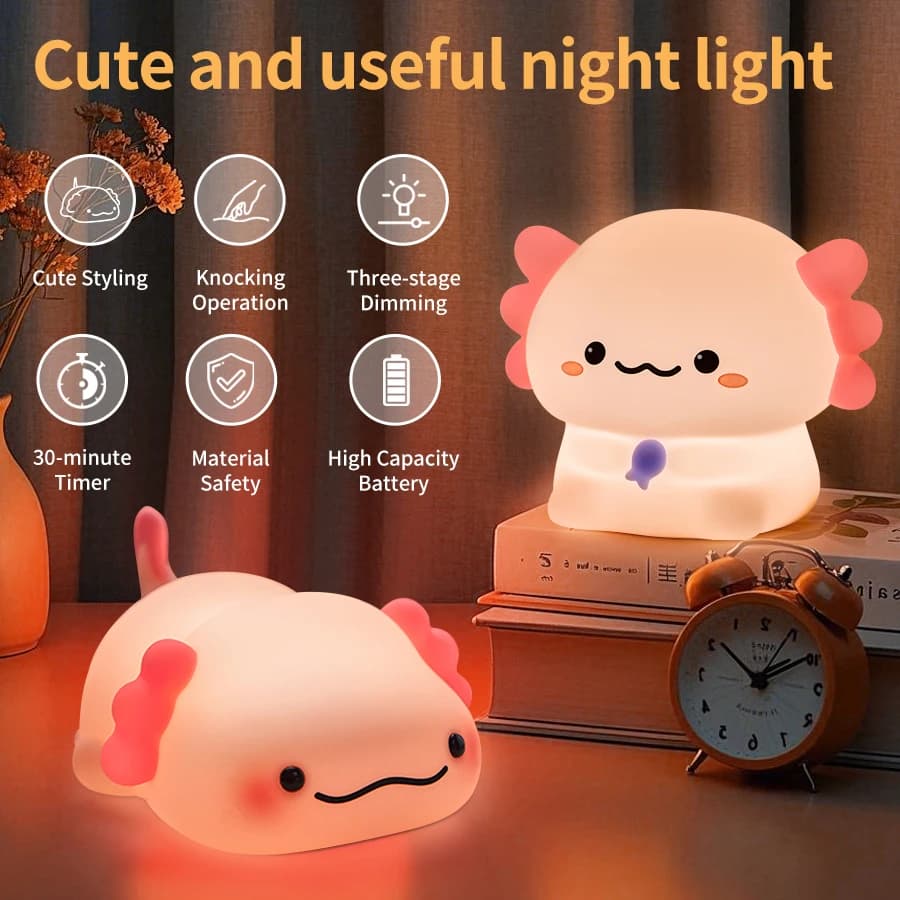 Lampada da notte a LED Axolotl rosa Lampada touch ricaricabile USB 3 livelli di luminosità Luce temporizzata Lampada da comodino per animali carini Regalo per bambini