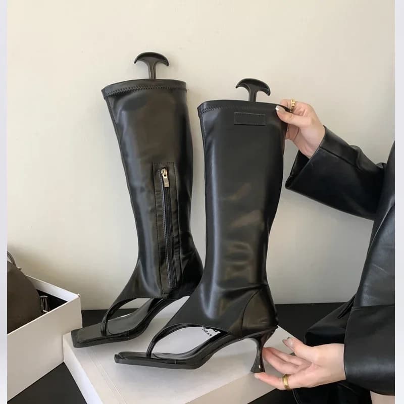 Silver Open Toe Clip-On Knee High Boots Women Modern Booties Thin Low Heels Side Zipper Spring Party Pumps Sandals Shoe