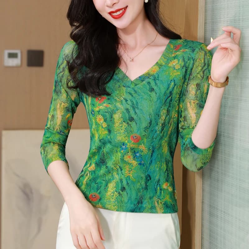 Top da donna in rete con scollo a V con stampa floreale 2025: maglietta slim fit a maniche lunghe, maglietta chic autunno inverno per stratificazione
